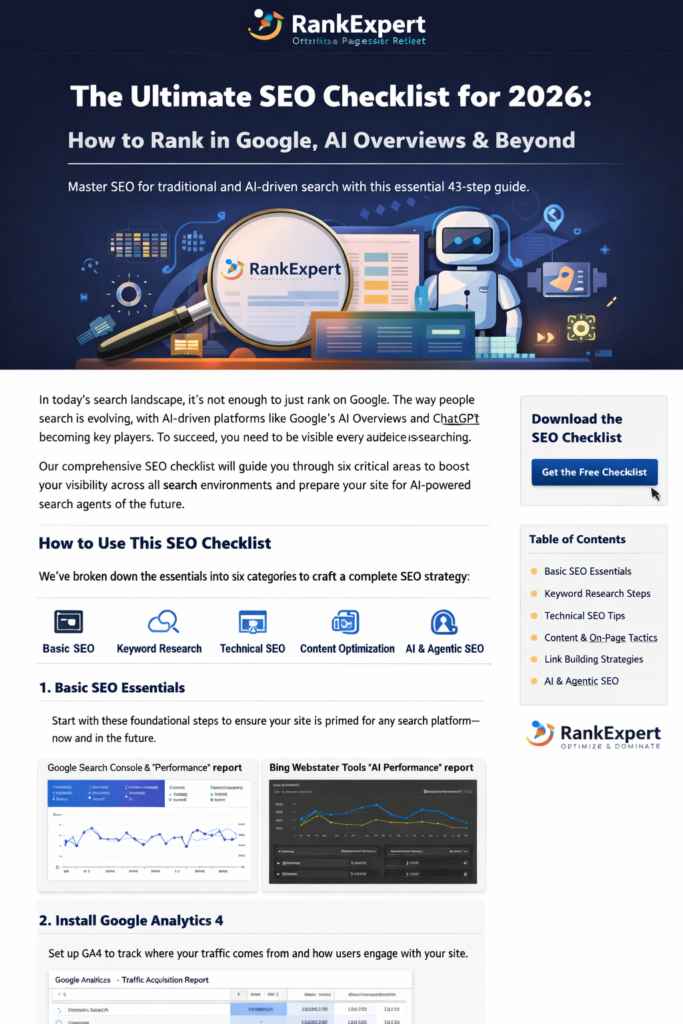 SEO in 2026 isn’t limited to ranking on search engines like Google. Today, visibility also depends on how well your content appears in AI-powered platforms such as Google’s AI Overviews, ChatGPT, and other intelligent assistants. This complete SEO checklist is designed to help you stay visible across traditional search engines and AI-driven discovery systems. By following these steps, you’ll not only improve rankings but also prepare your website for the future of agent-based search and AI automation. How to Use This SEO Checklist To make implementation easier, we’ve divided the checklist into six core areas: Basic SEO setup Keyword research Technical SEO Content & on-page SEO Link building & off-page SEO AI & agentic search optimization If you’re short on time, prioritize the sections that align with your current goals. Otherwise, work through all six for a complete SEO strategy. 1. Basic SEO Checklist (Build Your Foundation) These steps ensure your website is ready to be discovered and indexed. Set Up Search Console & Webmaster Tools Use Google Search Console and Bing Webmaster Tools to: Track performance Submit sitemaps Detect indexing issues Bing now includes AI performance insights, showing how your site appears in AI-generated answers. Install Google Analytics (GA4) Track: Traffic sources User behavior Engagement metrics In 2026, traffic alone isn’t enough—focus on user actions and conversions, especially since AI often answers queries without clicks. Use an SEO Plugin If you’re on WordPress, plugins like: Yoast SEO Rank Math help automate: Sitemap generation Meta tag optimization Schema markup Create and Submit XML Sitemap A sitemap helps search engines understand your site structure. Submit it to both Google and Bing for faster indexing. Optimize Robots.txt Your robots.txt file controls crawler access. Avoid blocking important pages—especially if you want visibility in AI-generated answers. Check for Manual Penalties Regularly review Google Search Console for: Spam issues Unnatural links Hidden content Avoid black-hat tactics—even if they seem to work temporarily. Ensure Your Site Is Indexable If your pages aren’t indexed, they won’t appear in: Google search AI-generated answers Run audits to confirm proper crawlability. 2. Keyword Research Checklist Keyword research now includes both search queries and AI prompts. Analyze Competitor Keywords Identify keywords your competitors rank for and find: Missing opportunities Weak rankings Find Core Topics Use keyword tools to discover: High-volume terms Question-based queries Buyer intent keywords Research AI Prompts Understand how users interact with AI tools by: Studying real questions Analyzing forums like Reddit Reviewing AI-generated responses Create a Keyword Map Group keywords by: Topic Intent Each group should correspond to a single page. Analyze Search Intent Study top-ranking pages to understand: Content type (guide, product, comparison) Depth of information User intent Find Related Questions Use: “People Also Ask” Forums and communities Add these questions to your content as headings or FAQs. 3. Technical SEO Checklist Technical SEO ensures your website is fast, accessible, and crawlable. Use HTTPS Secure websites rank better and build trust. Fix Duplicate Site Versions Ensure all versions (HTTP, HTTPS, www, non-www) redirect to one main domain. Resolve Crawl Errors Fix: Broken pages Incorrect canonical tags Improve Site Speed Focus on Core Web Vitals: LCP (loading speed) INP (interaction speed) CLS (visual stability) Faster sites improve both rankings and AI readability. Fix Broken Links Update or remove: Internal broken links External dead links Ensure Mobile-Friendliness Google uses mobile-first indexing, so your site must work perfectly on mobile devices. Optimize URL Structure Good URLs are: Short Clear Keyword-rich Example: ✅ /seo-checklist-2026/ ❌ /page?id=123 Add Structured Data Schema markup helps search engines and AI understand your content better. Improve Site Architecture Keep important pages within 3 clicks from homepage. Fix Redirect Issues Avoid: Redirect chains Loops Incorrect 302 redirects 4. Content & On-Page SEO Checklist Content is still king—but now it must also be AI-friendly. Optimize Title Tags Avoid: Duplicate titles Missing tags Overly long titles Write Better Meta Descriptions Make them: Unique Engaging Relevant Use a Single H1 Tag Each page should have one clear main heading. Improve CTR with Optimization Update pages with: Low clicks but high impressions Better headings and content structure Audit Existing Content Identify: Underperforming pages Outdated information Update them regularly. Add Alt Text to Images Helps with: Accessibility Image SEO AI understanding Strengthen Internal Linking Link related pages to improve: Navigation Authority distribution Fix Keyword Cannibalization Ensure multiple pages aren’t competing for the same keyword. Fix Orphan Pages Every page should have at least one internal link. Keep Content Updated Refresh: Stats Examples Trends AI tools prefer fresh and accurate content. 5. Link Building & Off-Page SEO Checklist Backlinks remain a key ranking factor—even in AI search. Analyze Competitor Backlinks Find where competitors get links from. Run a Backlink Gap Analysis Identify sites linking to competitors but not you. Turn Mentions into Links Reach out to websites that mention your brand without linking. Build High-Quality Links Focus on: Authority Relevance Natural placement Optimize Google Business Profile For local SEO: Keep information updated Add images and reviews AI tools often pull local data from these listings. 6. AI & Agentic Search Optimization Checklist This is what separates modern SEO from outdated strategies. Track AI Visibility Monitor: Mentions Citations Competitor presence in AI results Structure Content for AI Make content: Clear and direct Well-organized Easy to extract Tips: Use short paragraphs Answer questions directly Avoid vague language Use LLMs.txt (Emerging Trend) This file may guide AI systems to your most important pages. While still evolving, it’s worth watching. Final Thoughts: Execute Your SEO Strategy for 2026 SEO is no longer just about ranking—it’s about visibility everywhere your audience searches, including AI platforms. To succeed: Build a strong technical foundation Create helpful, structured content Optimize for both humans and AI systems The earlier you adapt, the better positioned your website will be as search continues to evolve. Pro Tip Start implementing this checklist step by step. Even small improvements can significantly boost your visibility across both search engines and AI-powered platforms.